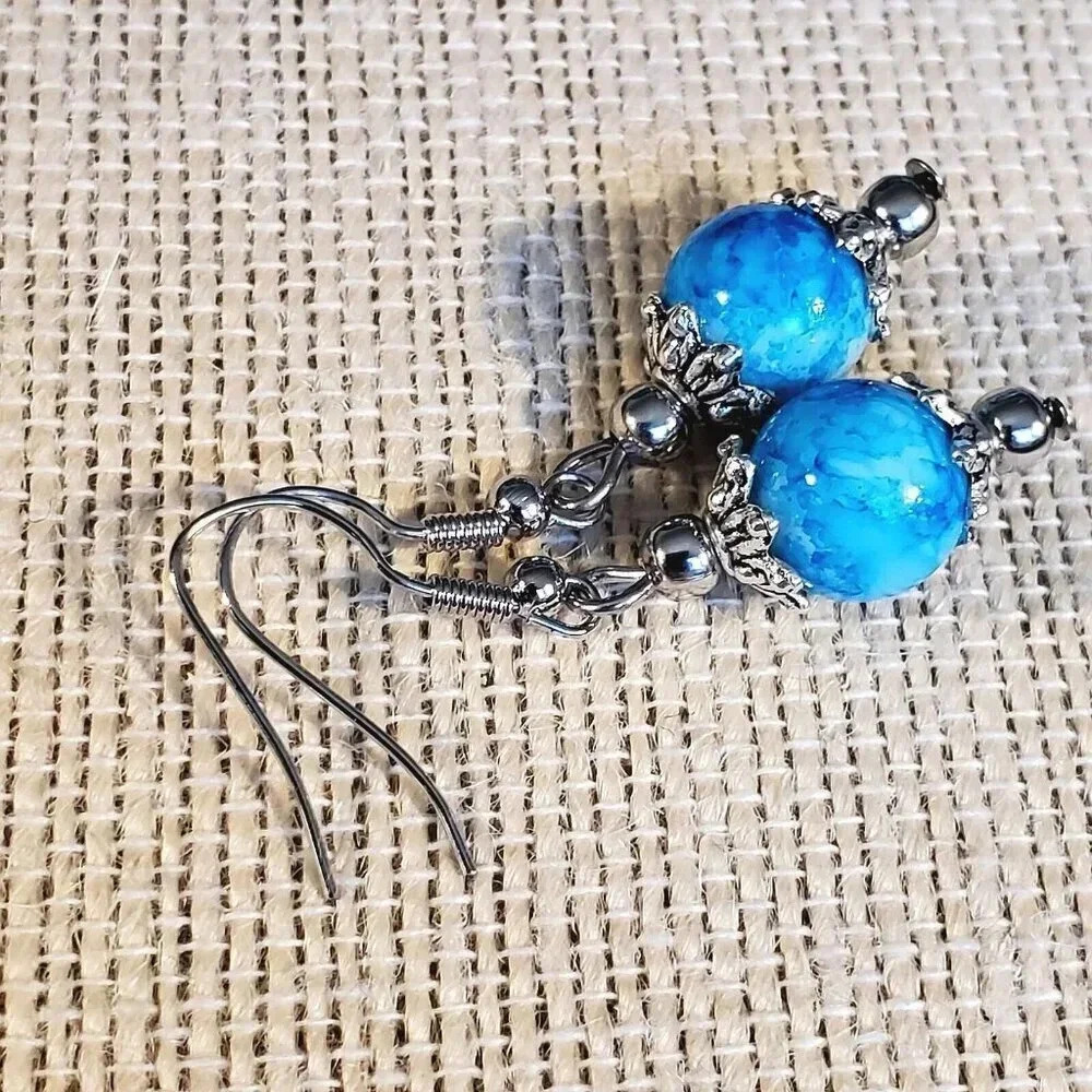 Art Nouveau Mottled Turquoise Blue Glass Beads Antiqued Silver Earrings - Picture 2 of 7